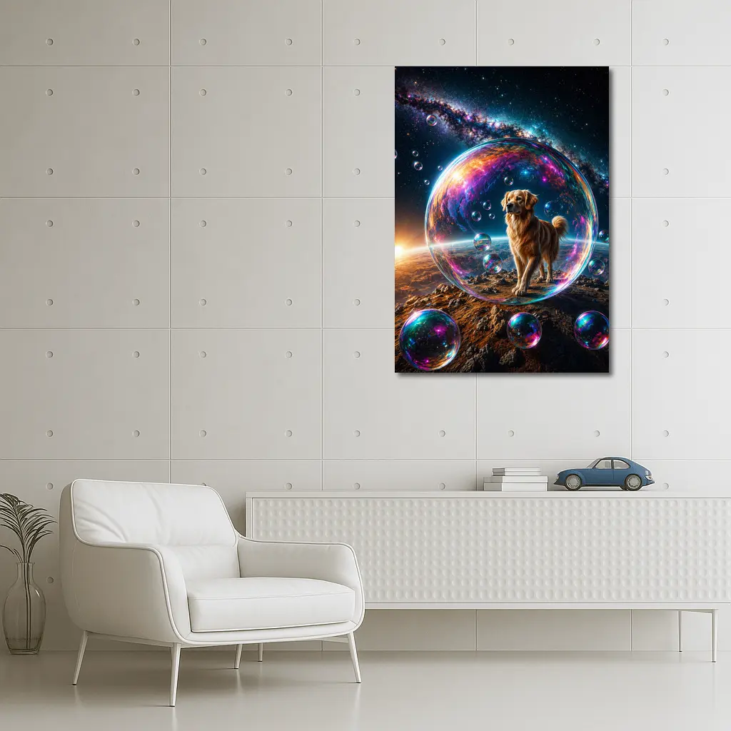 Golden Retriever In Cosmic Soap Bubble Space – Wall Art