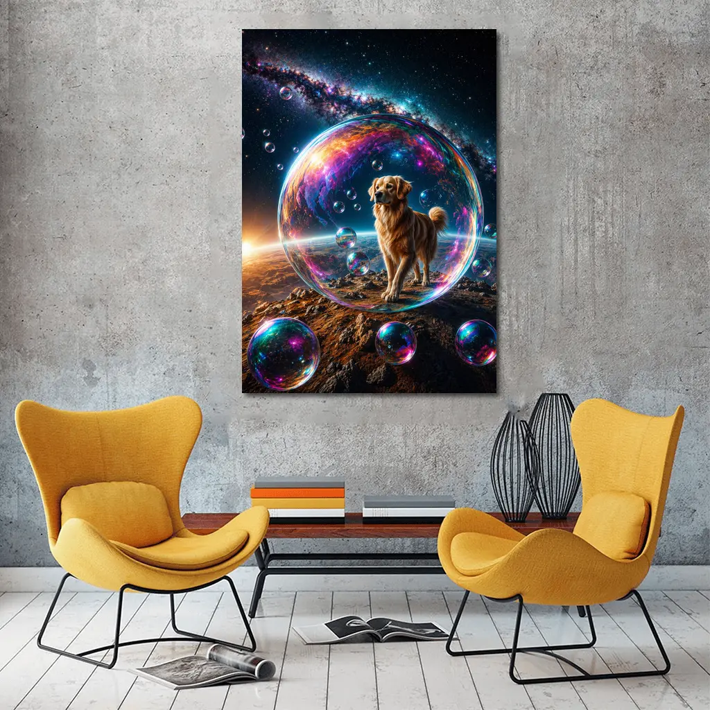 Golden Retriever In Cosmic Soap Bubble Space – Wall Art