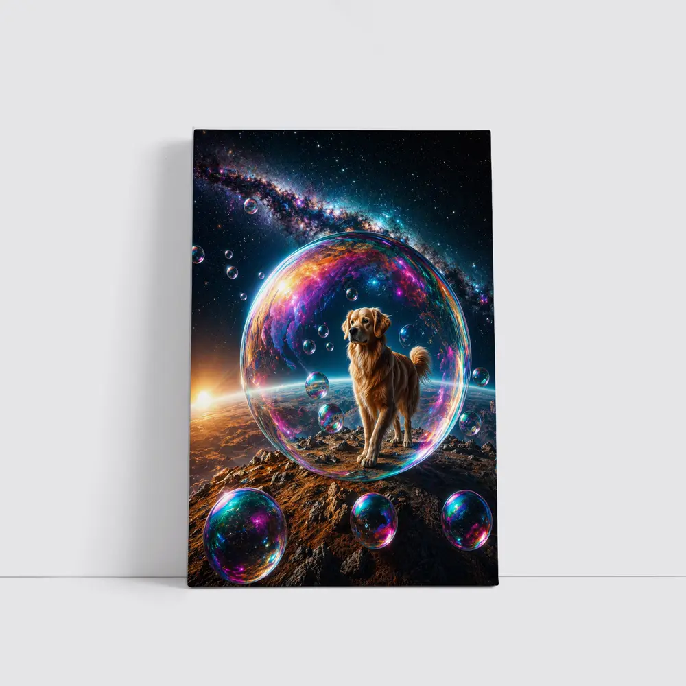 Golden Retriever In Cosmic Soap Bubble Space – Wall Art