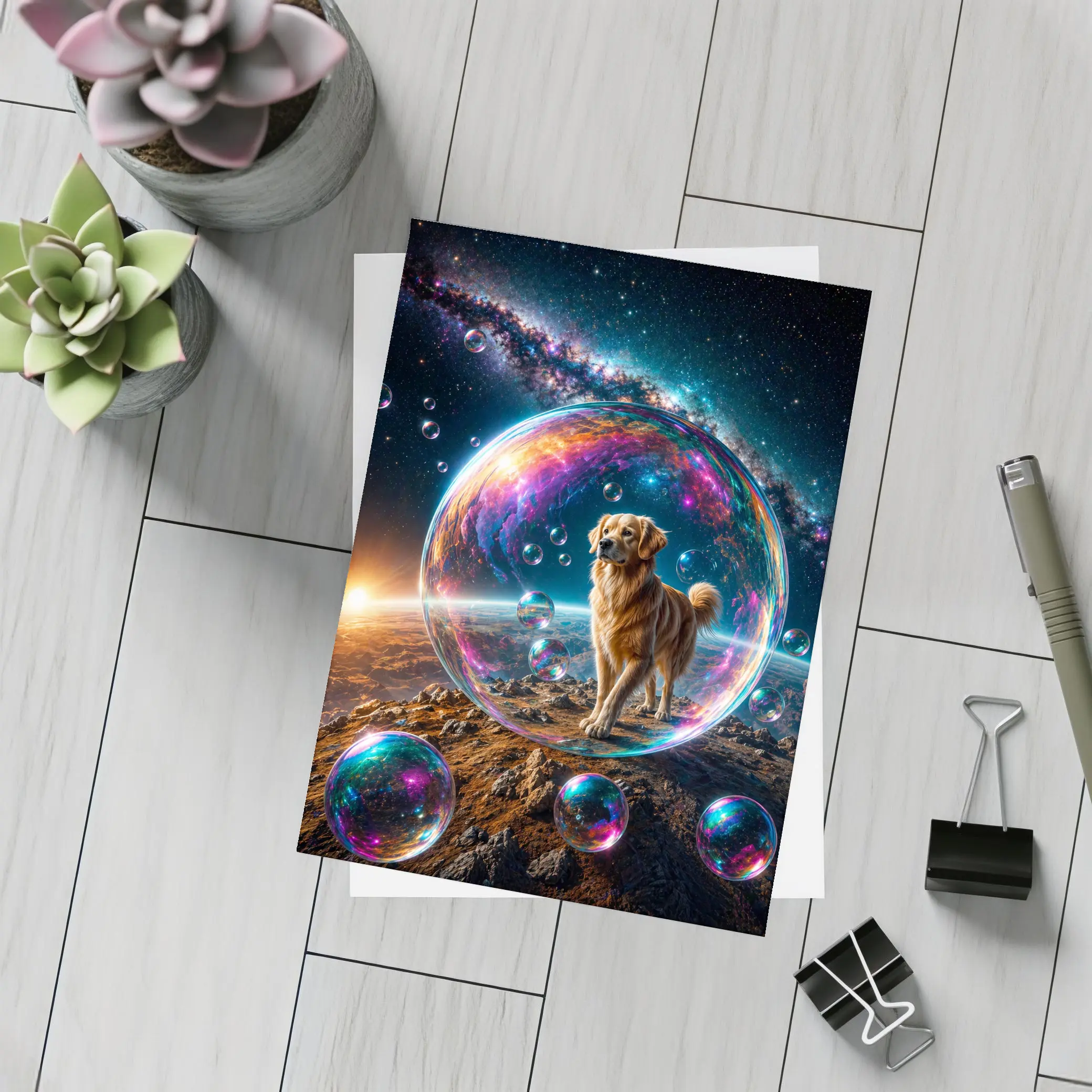 Golden Retriever In Cosmic Soap Bubble Space – Postcards