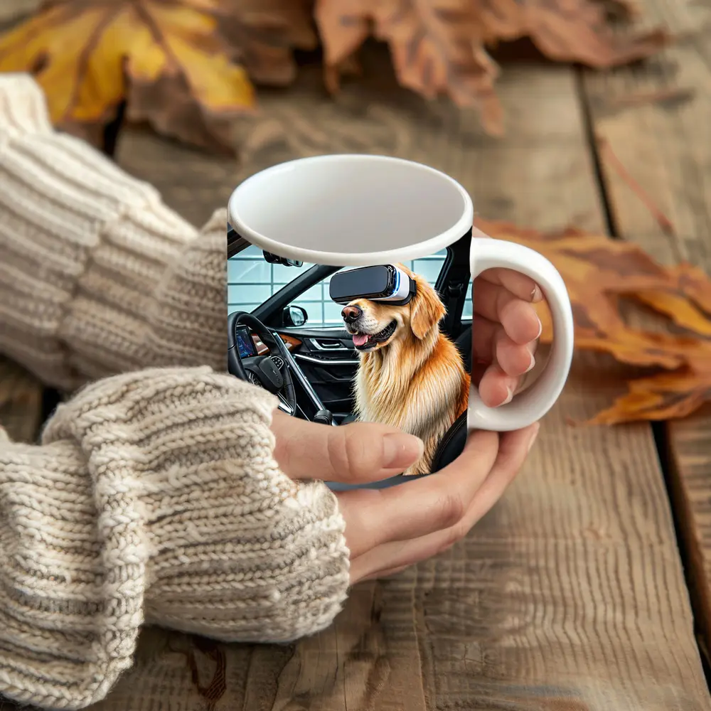 Golden Retriever Wearing VR Headset In Car – Mugs
