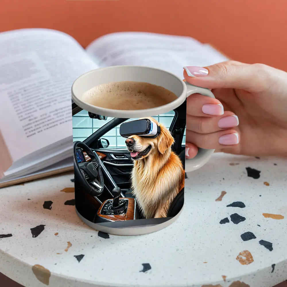 Golden Retriever Wearing VR Headset In Car – Mugs