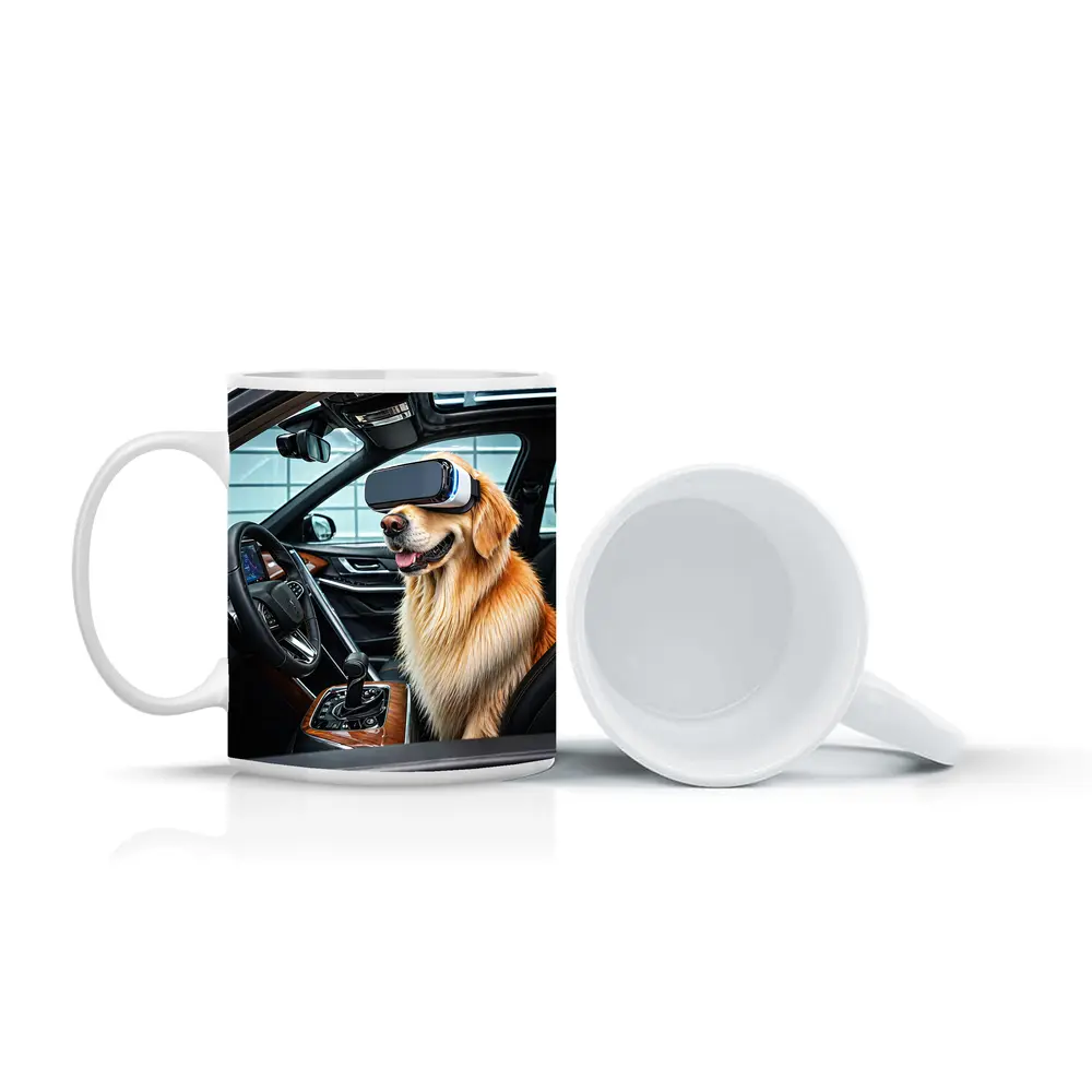 Golden Retriever Wearing VR Headset In Car – Mugs