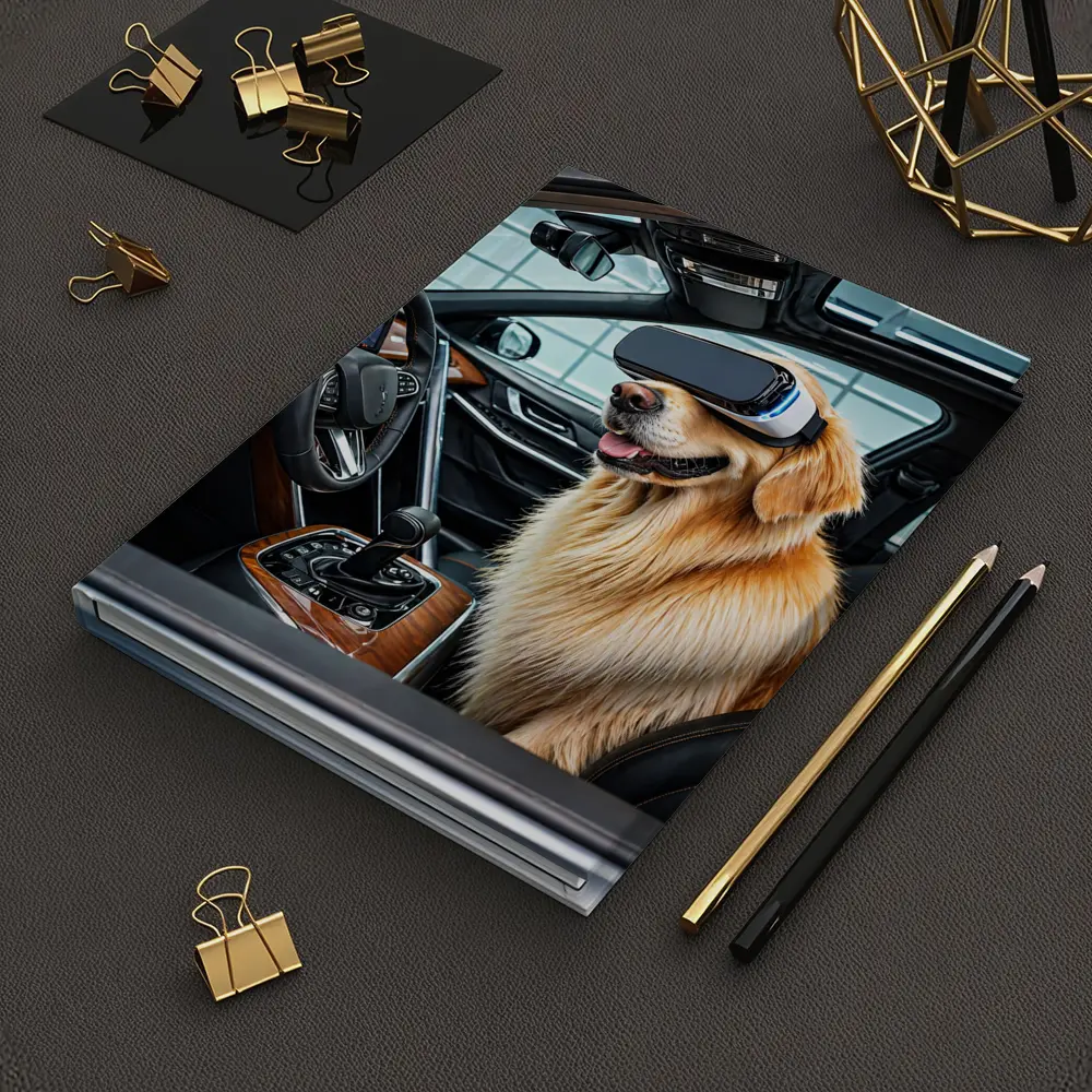 Golden Retriever Wearing VR Headset In Car – Notebooks