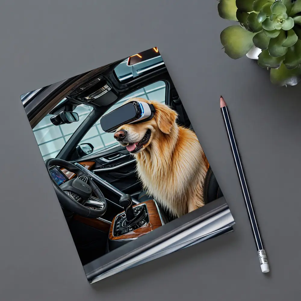 Golden Retriever Wearing VR Headset In Car – Notebooks