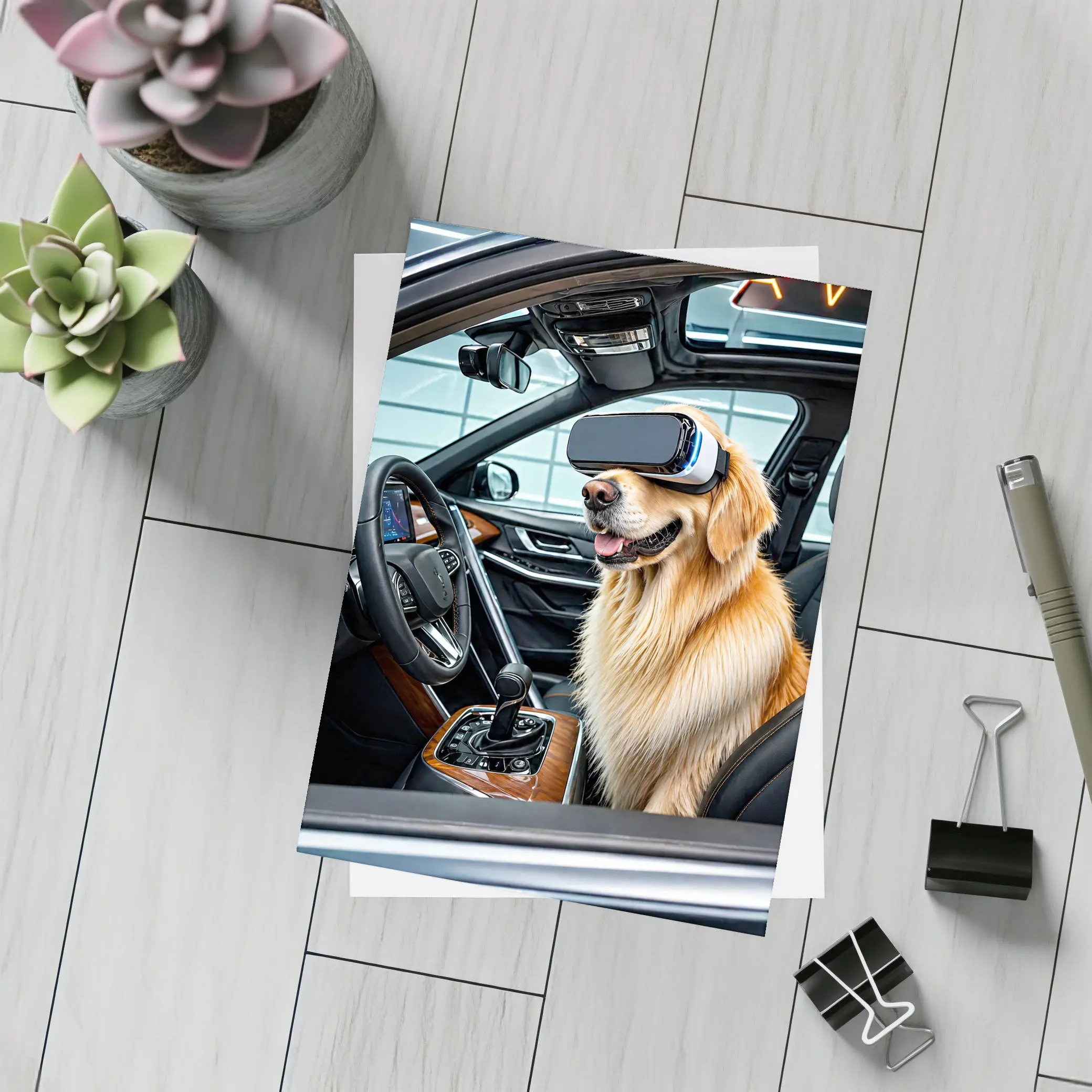 Golden Retriever Wearing VR Headset In Car – Postcards