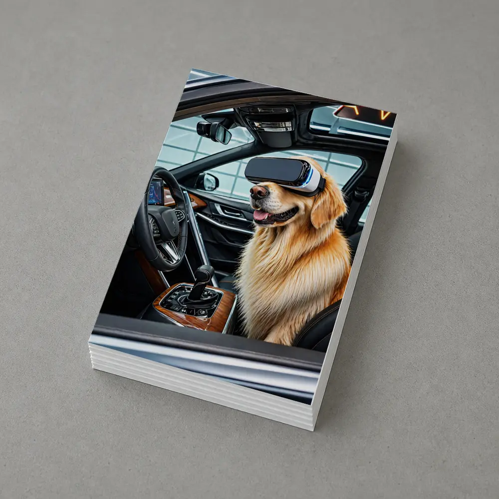 Golden Retriever Wearing VR Headset In Car – Postcards