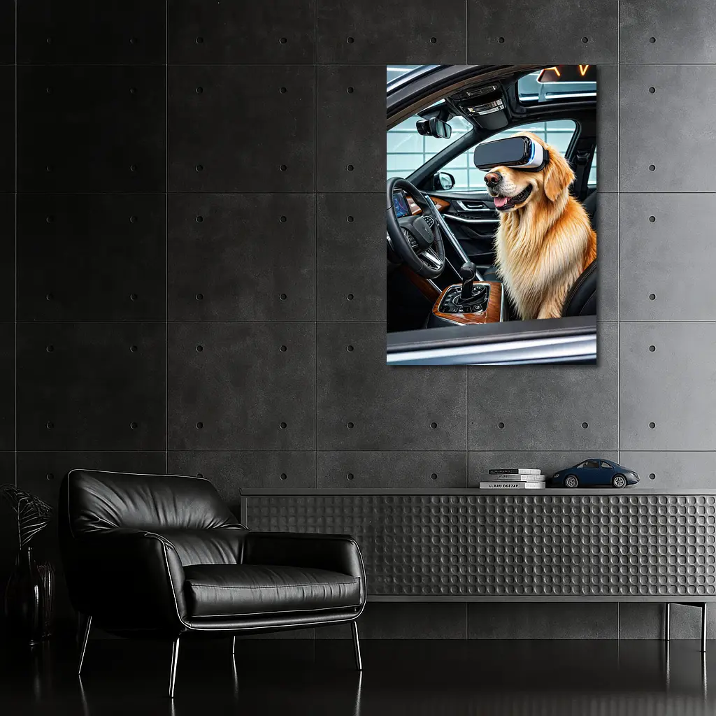 Golden Retriever Wearing VR Headset In Car – Wall Art