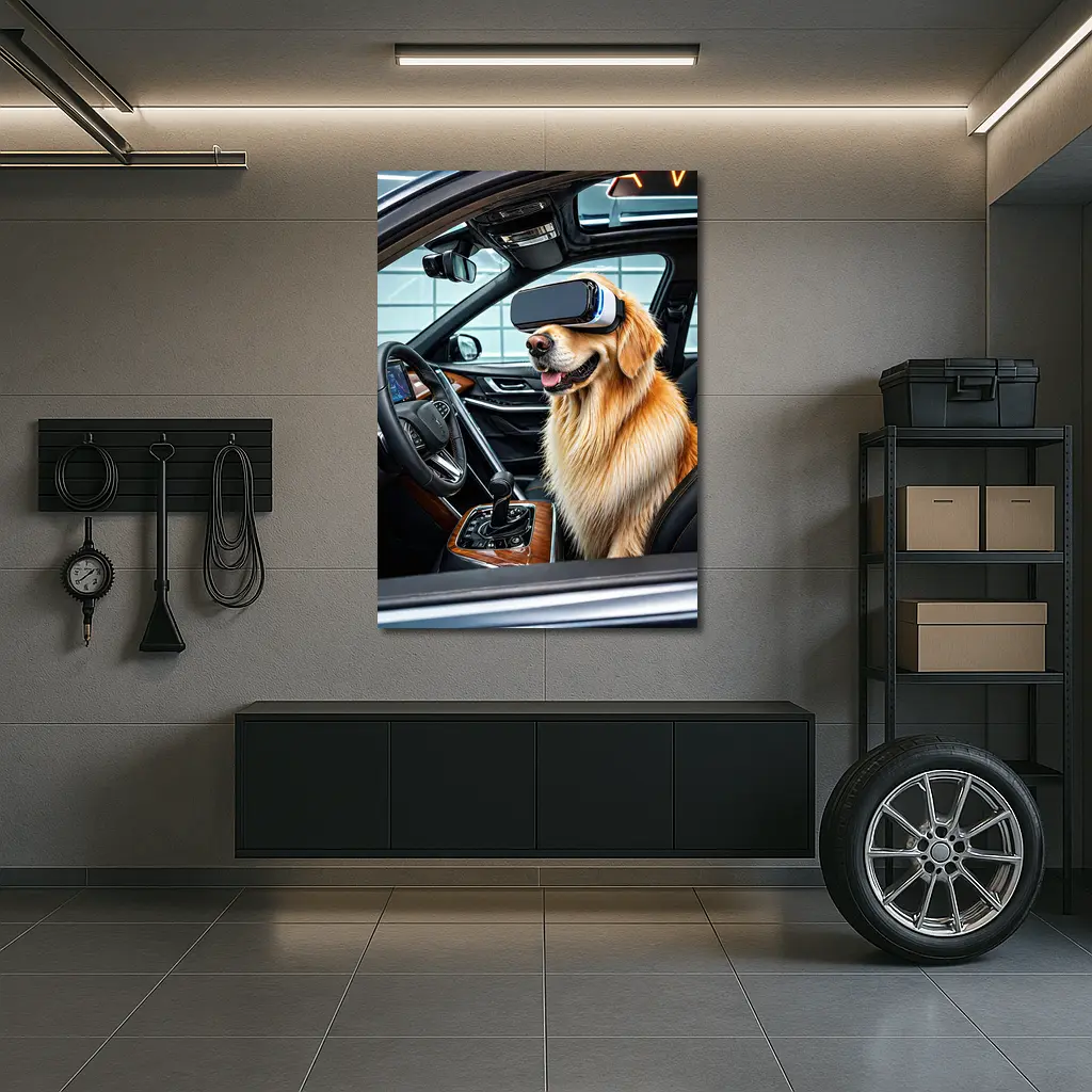 Golden Retriever Wearing VR Headset In Car – Wall Art