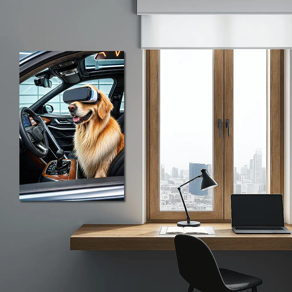 Golden Retriever Wearing VR Headset In Car – Wall Art