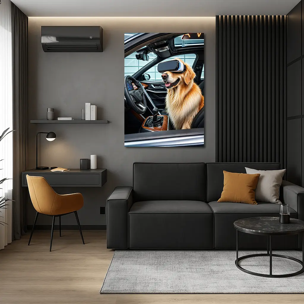 Golden Retriever Wearing VR Headset In Car – Wall Art