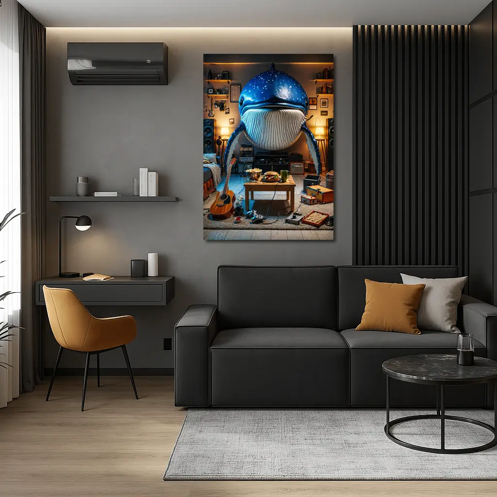 Giant Blue Whale Chilling In Cozy Room – Wall Art