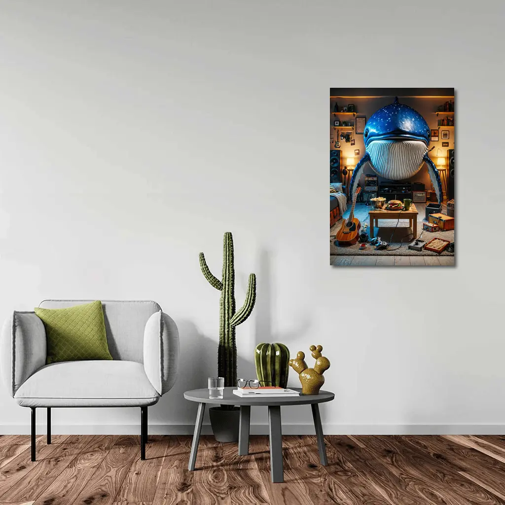 Giant Blue Whale Chilling In Cozy Room – Wall Art