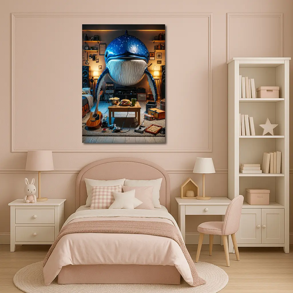 Giant Blue Whale Chilling In Cozy Room – Wall Art