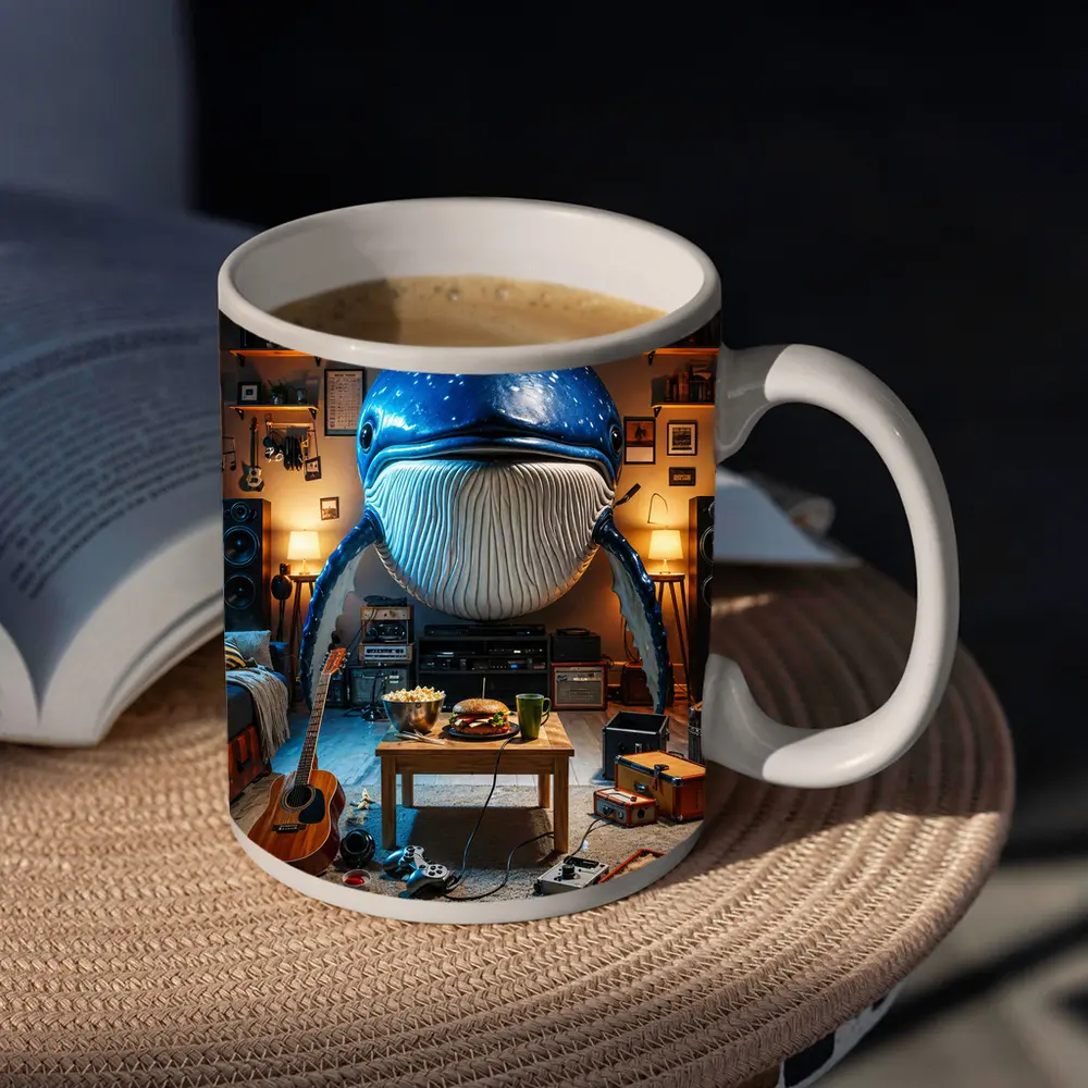Giant Blue Whale Chilling In Cozy Room – Mugs