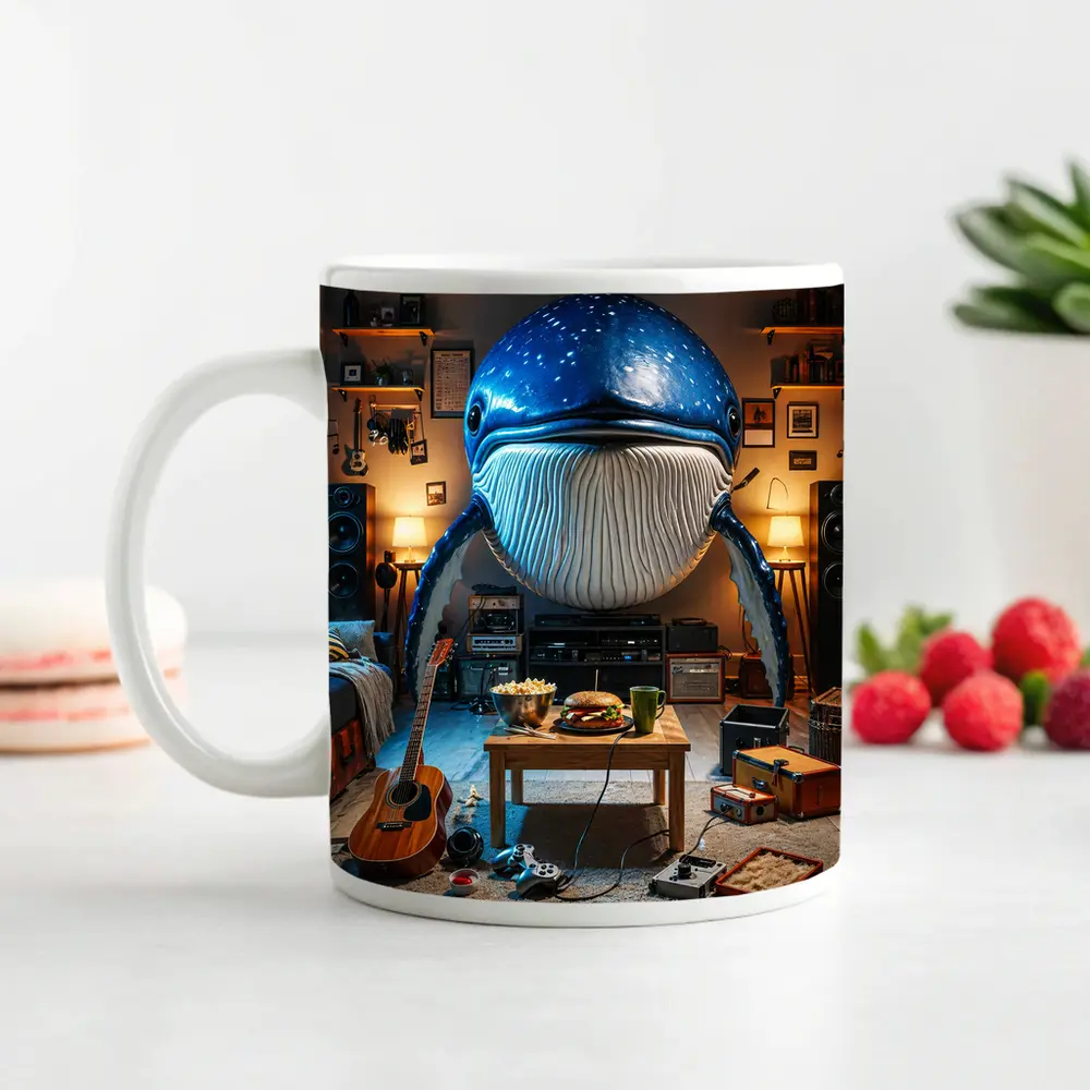 Giant Blue Whale Chilling In Cozy Room – Mugs