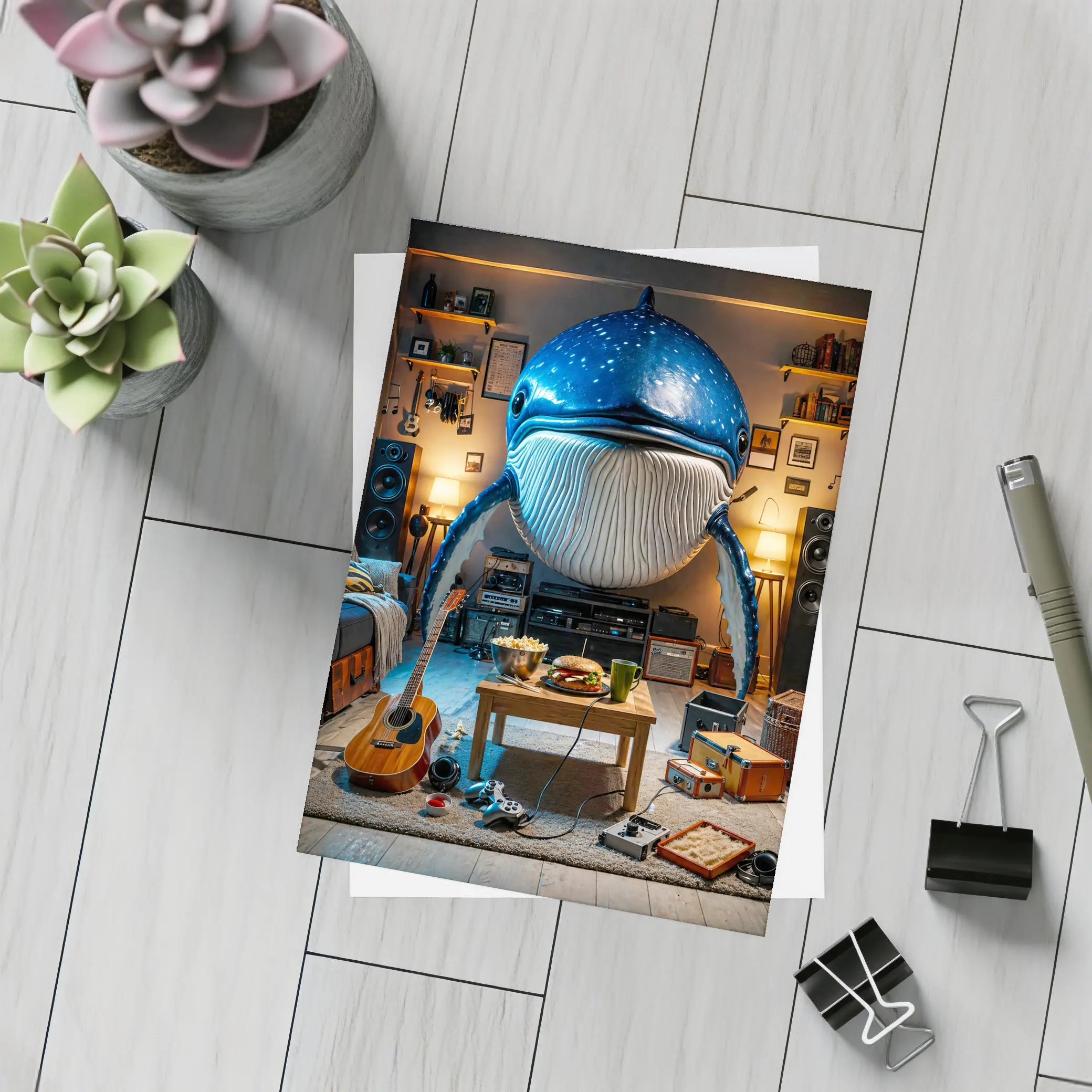 Giant Blue Whale Chilling In Cozy Room – Postcards