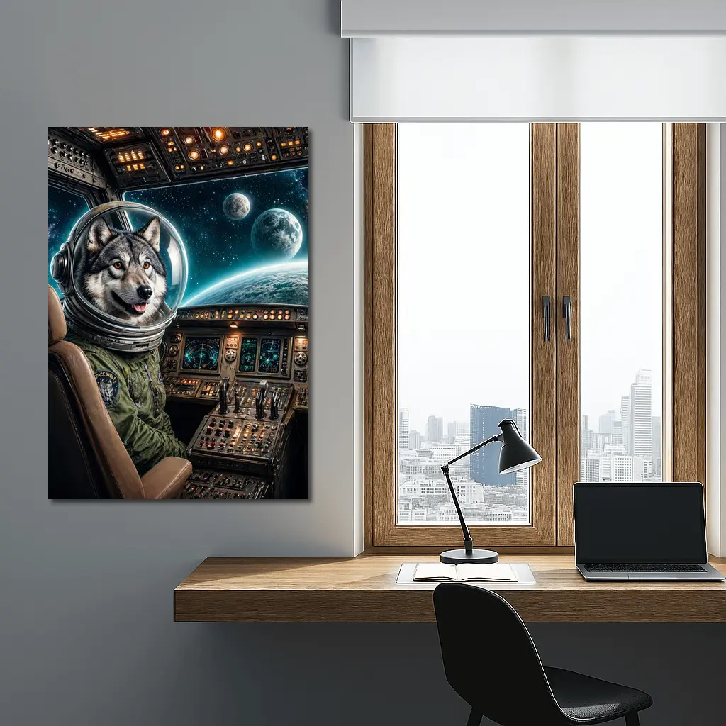 Wolf Astronaut Piloting Spaceship Over Earth – Wall Art