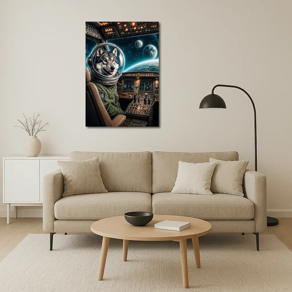 Wolf Astronaut Piloting Spaceship Over Earth – Wall Art