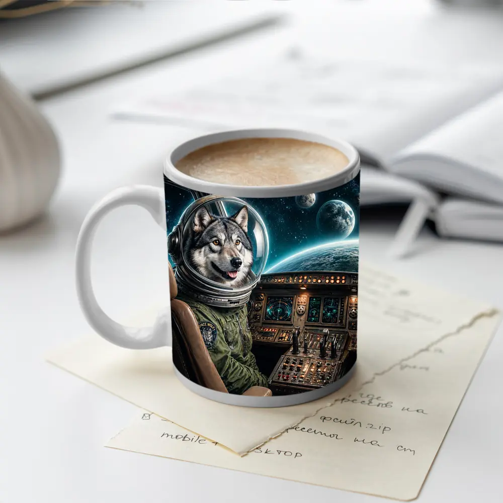 Wolf Astronaut Piloting Spaceship Over Earth – Mugs
