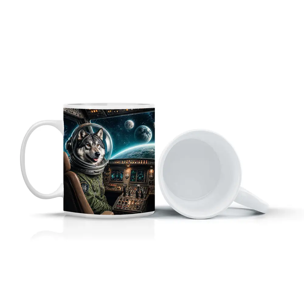 Wolf Astronaut Piloting Spaceship Over Earth – Mugs