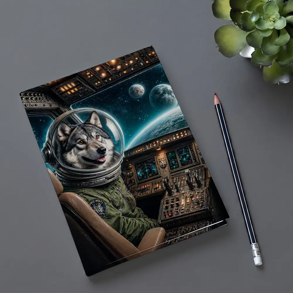 Wolf Astronaut Piloting Spaceship Over Earth – Notebooks