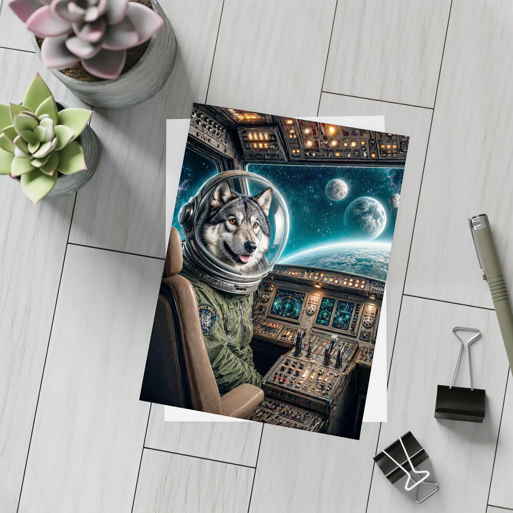 Wolf Astronaut Piloting Spaceship Over Earth – Postcards