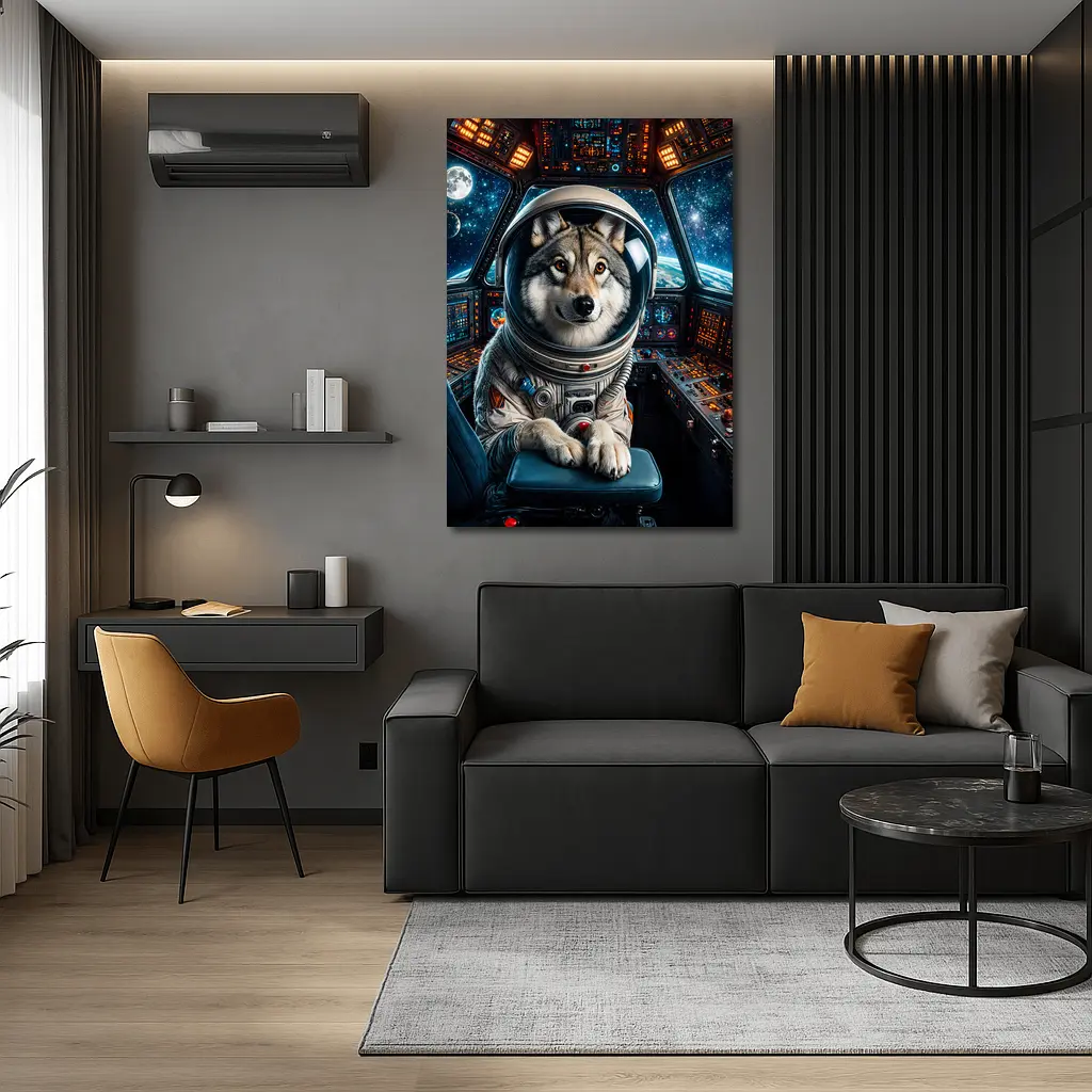 Wolf Astronaut Piloting Space Station Cockpit – Wall Art