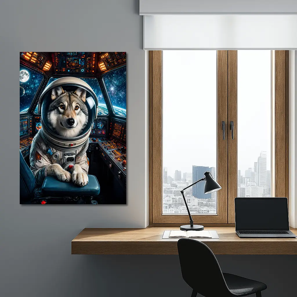 Wolf Astronaut Piloting Space Station Cockpit – Wall Art
