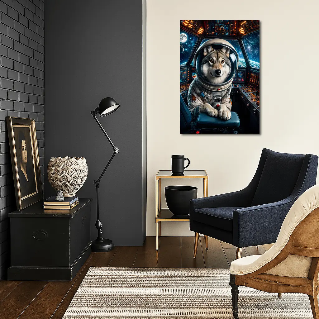 Wolf Astronaut Piloting Space Station Cockpit – Wall Art