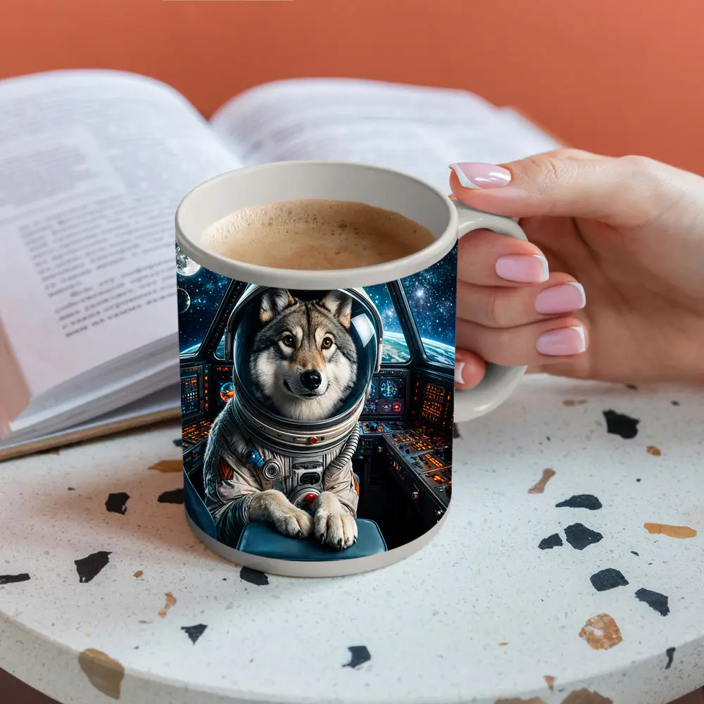 Wolf Astronaut Piloting Space Station Cockpit – Mugs