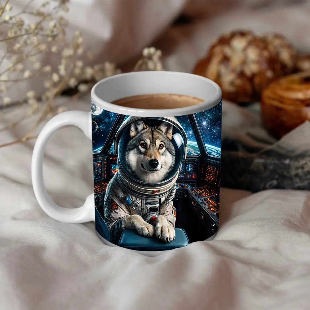 Wolf Astronaut Piloting Space Station Cockpit – Mugs
