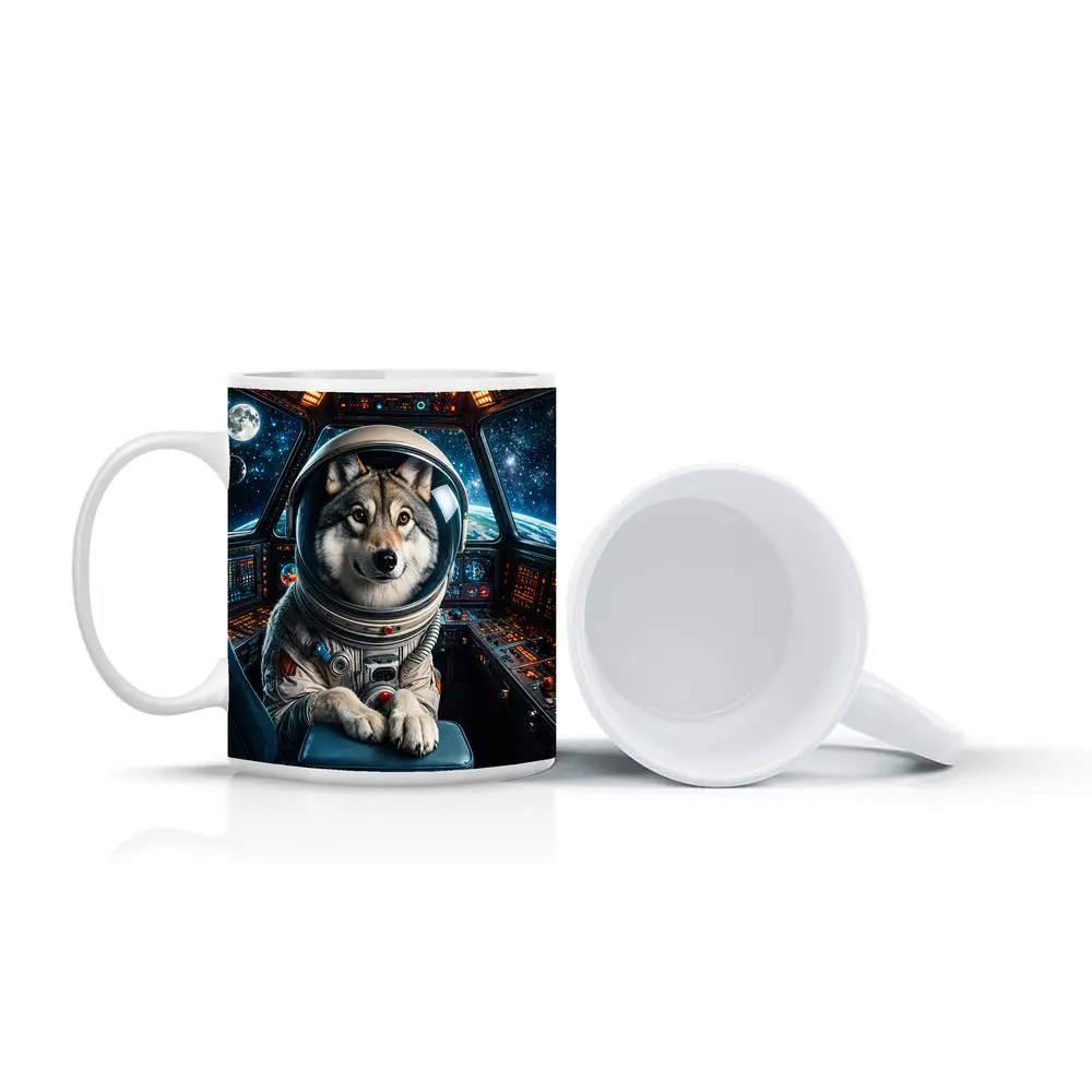 Wolf Astronaut Piloting Space Station Cockpit – Mugs