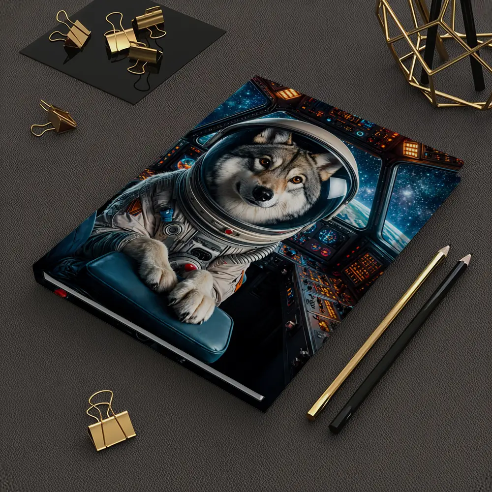 Wolf Astronaut Piloting Space Station Cockpit – Notebooks