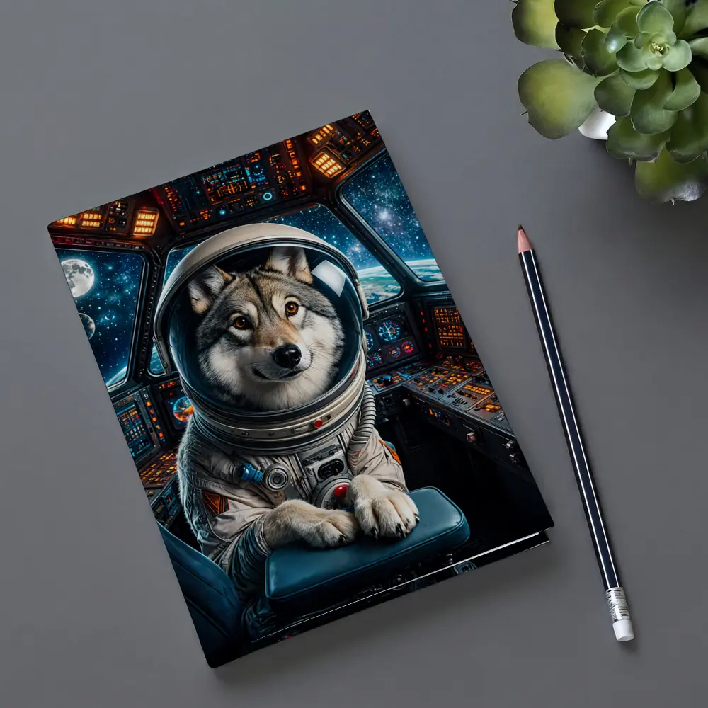 Wolf Astronaut Piloting Space Station Cockpit – Notebooks