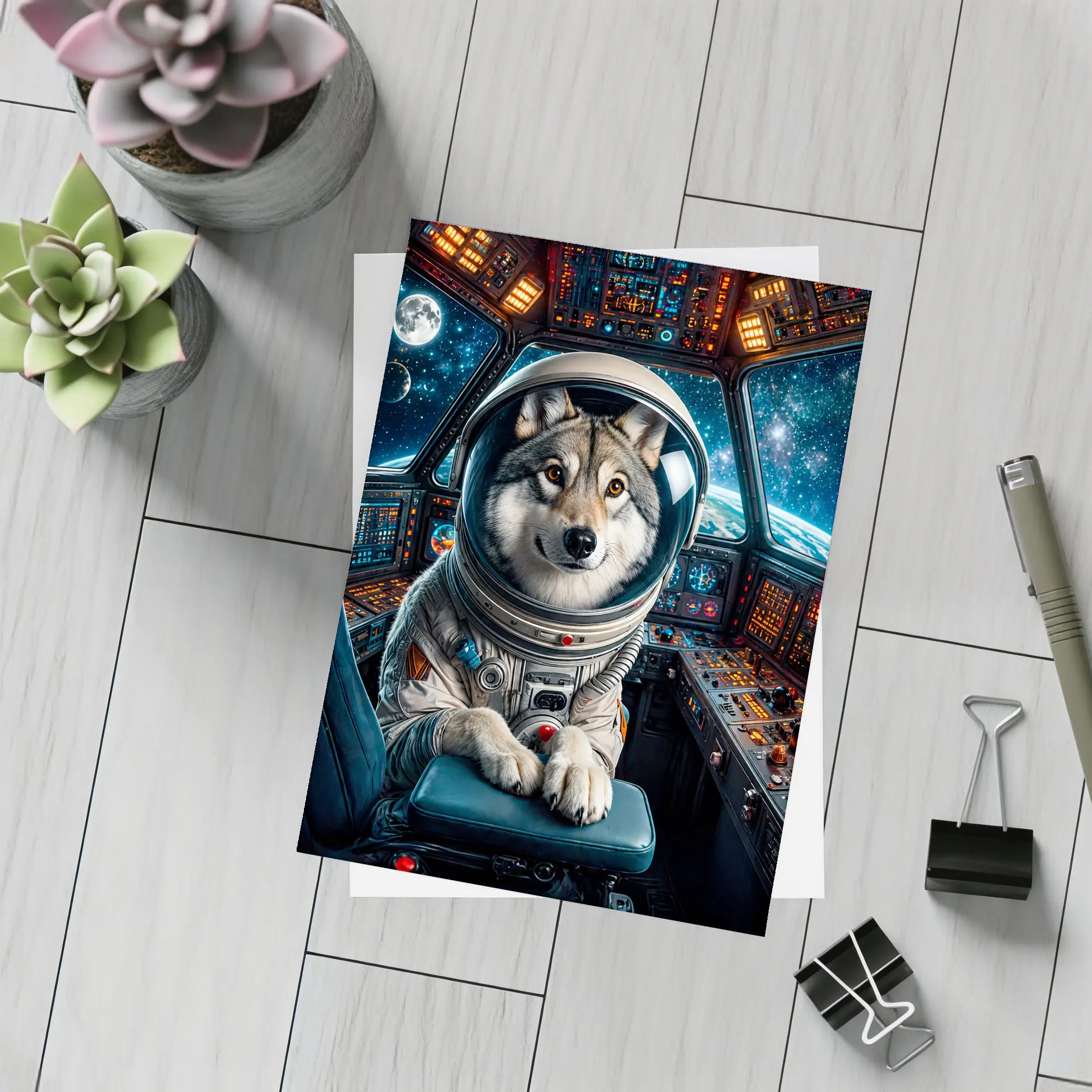Wolf Astronaut Piloting Space Station Cockpit – Postcards