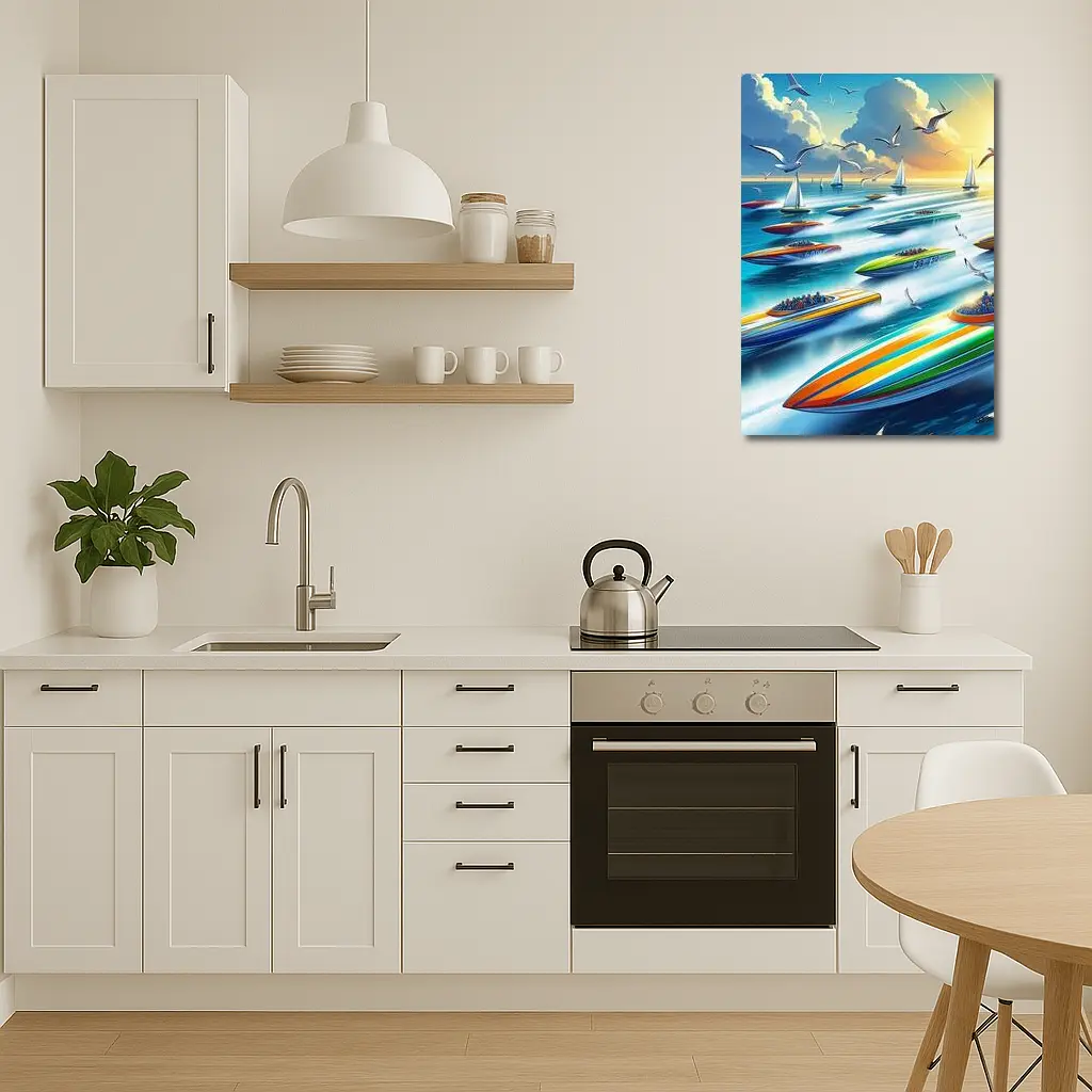 Colorful Speed Boats Racing on Open Ocean – Wall Art