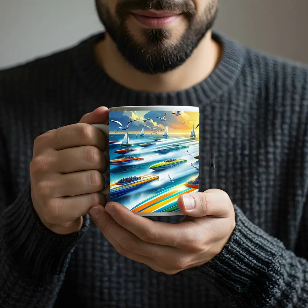 Colorful Speed Boats Racing on Open Ocean – Mugs