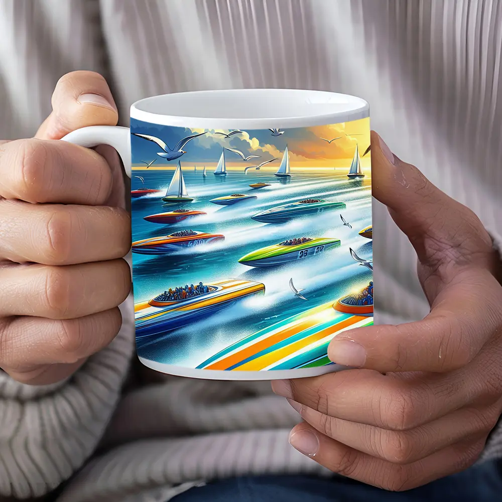 Colorful Speed Boats Racing on Open Ocean – Mugs
