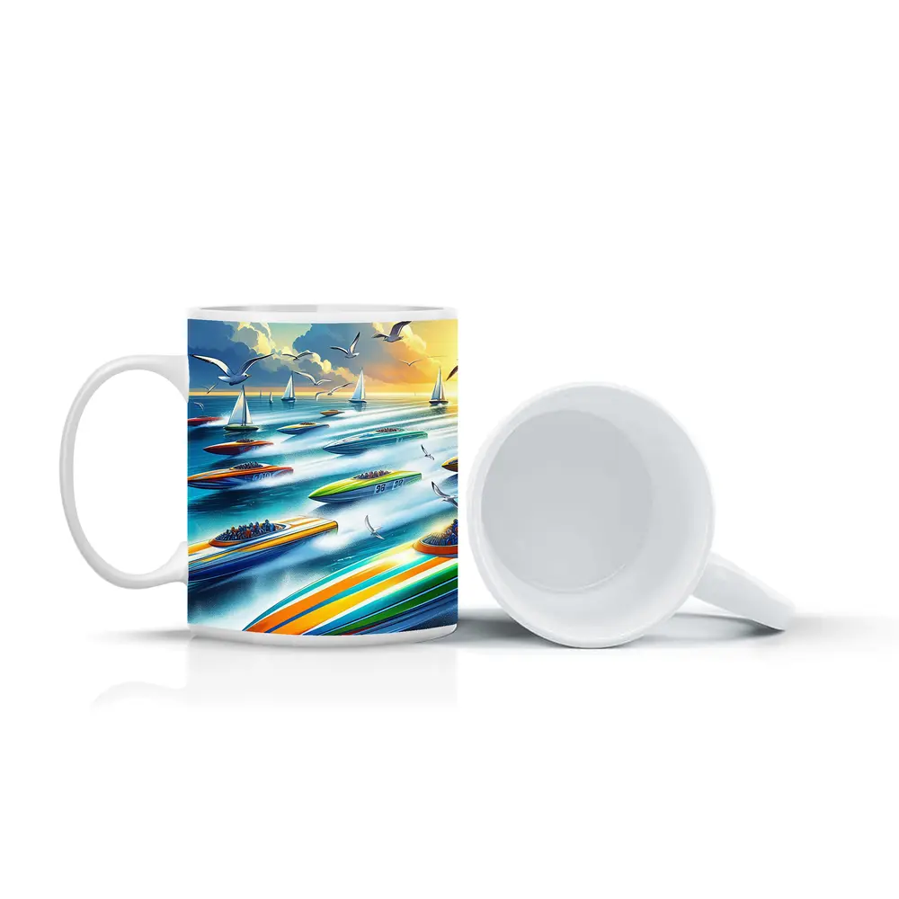 Colorful Speed Boats Racing on Open Ocean – Mugs