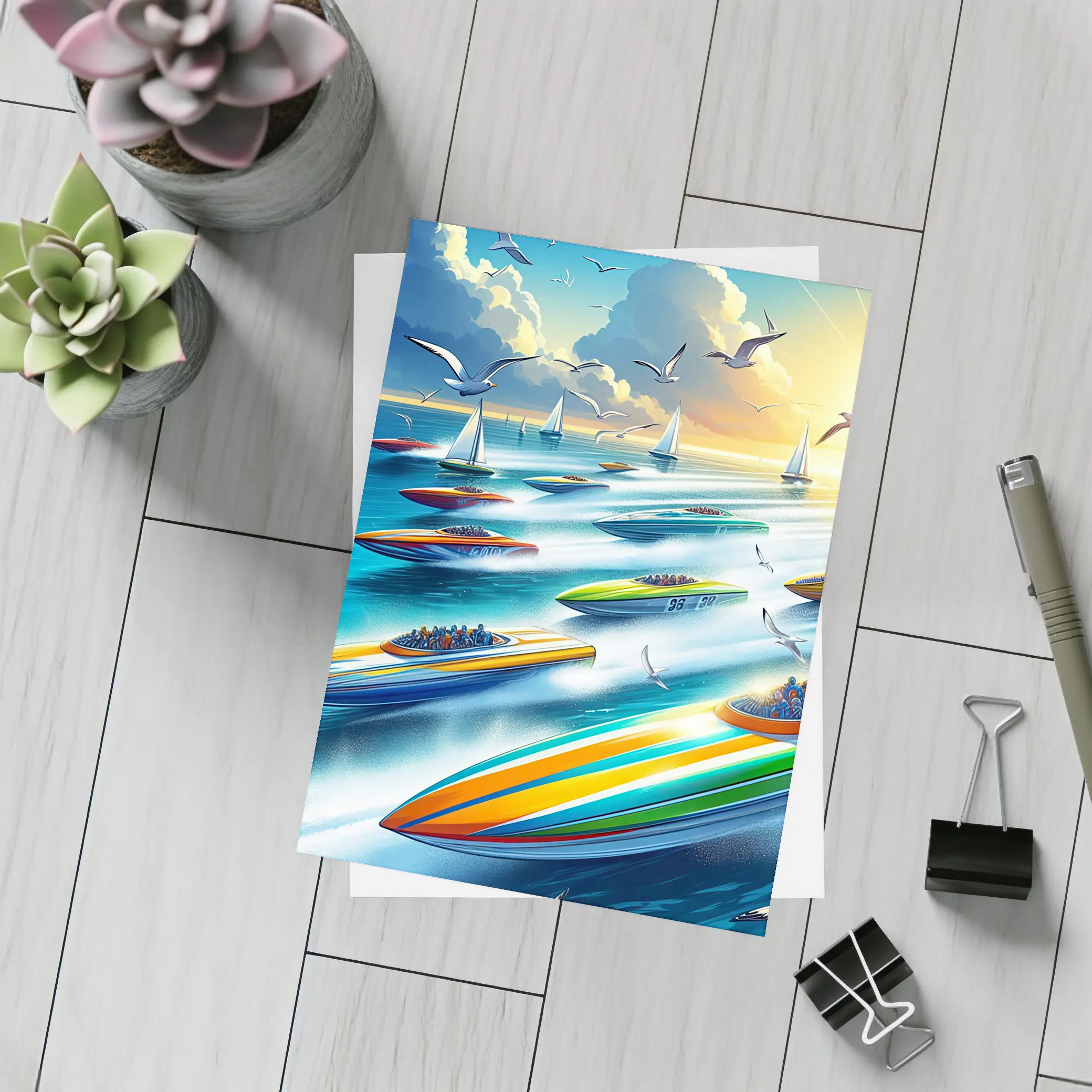 Colorful Speed Boats Racing on Open Ocean – Postcards