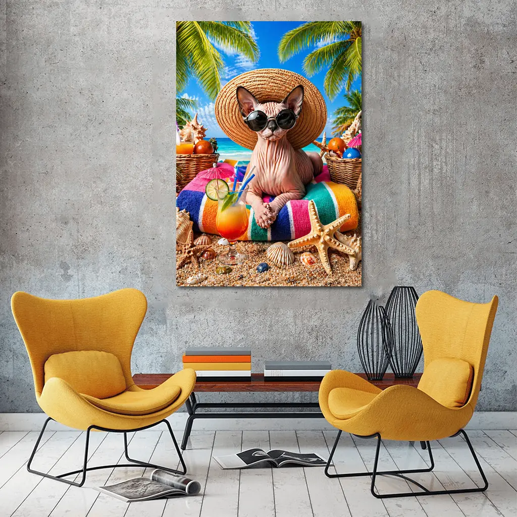 Sphynx Cat Relaxing on Tropical Beach – Wall Art