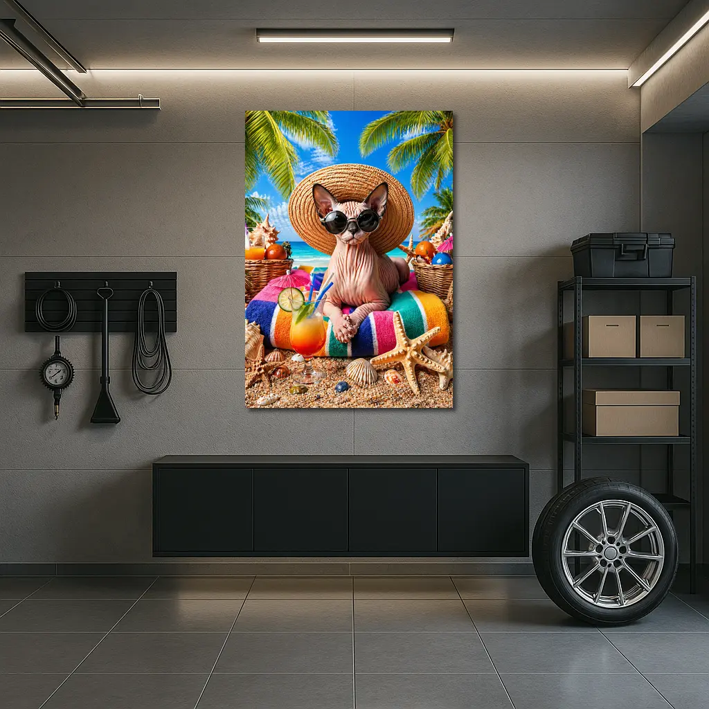 Sphynx Cat Relaxing on Tropical Beach – Wall Art