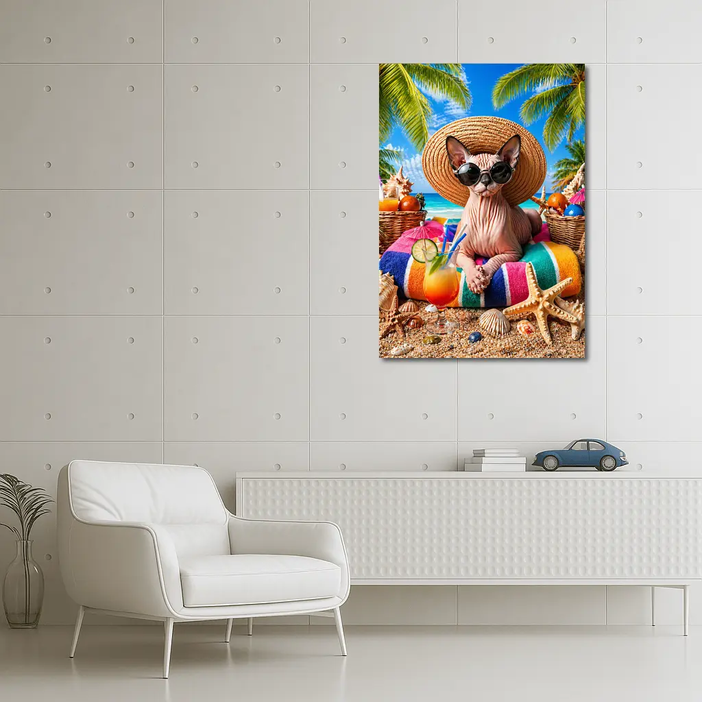 Sphynx Cat Relaxing on Tropical Beach – Wall Art