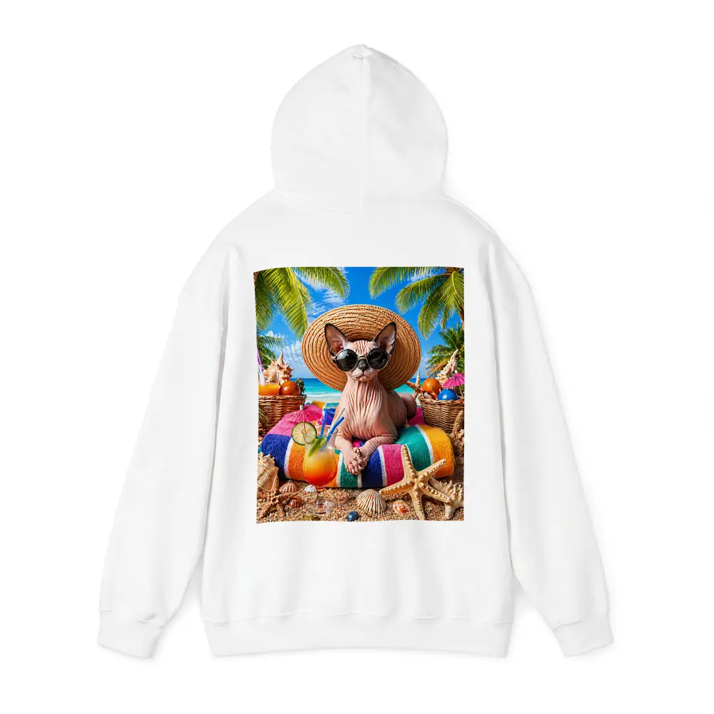 Sphynx Cat Relaxing on Tropical Beach – Hoodies