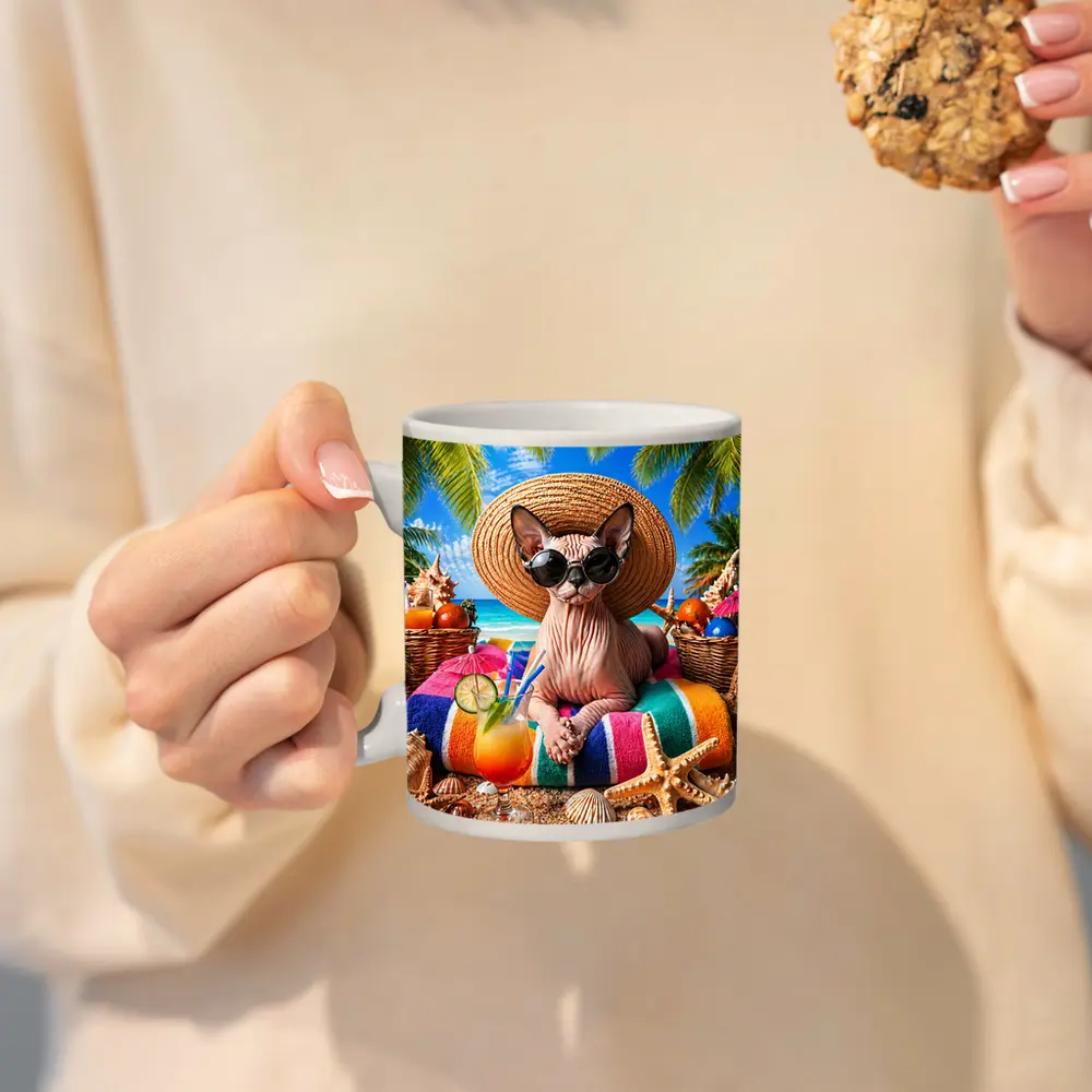 Sphynx Cat Relaxing on Tropical Beach – Mugs