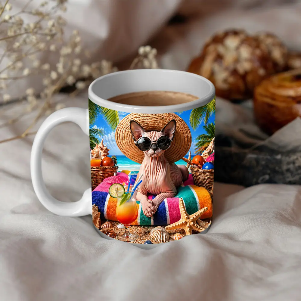 Sphynx Cat Relaxing on Tropical Beach – Mugs