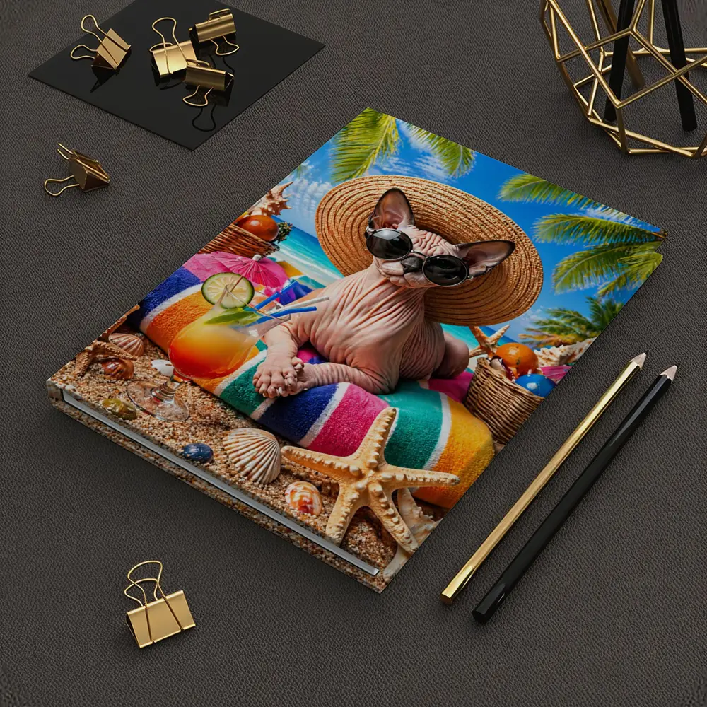 Sphynx Cat Relaxing on Tropical Beach – Notebooks