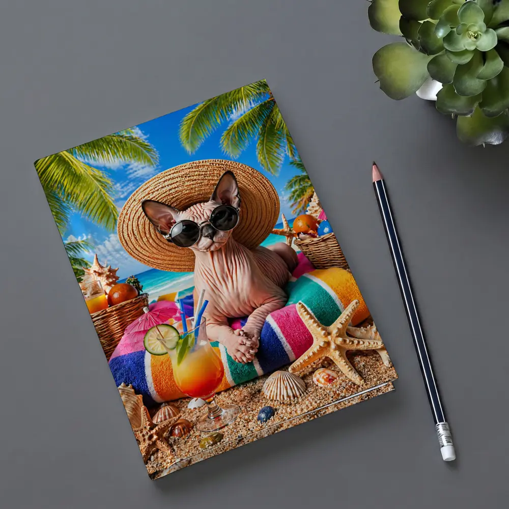 Sphynx Cat Relaxing on Tropical Beach – Notebooks