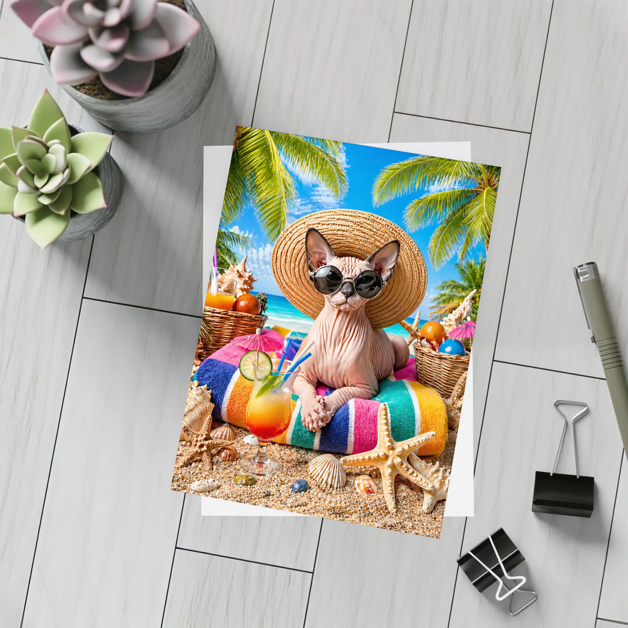 Sphynx Cat Relaxing on Tropical Beach – Postcards